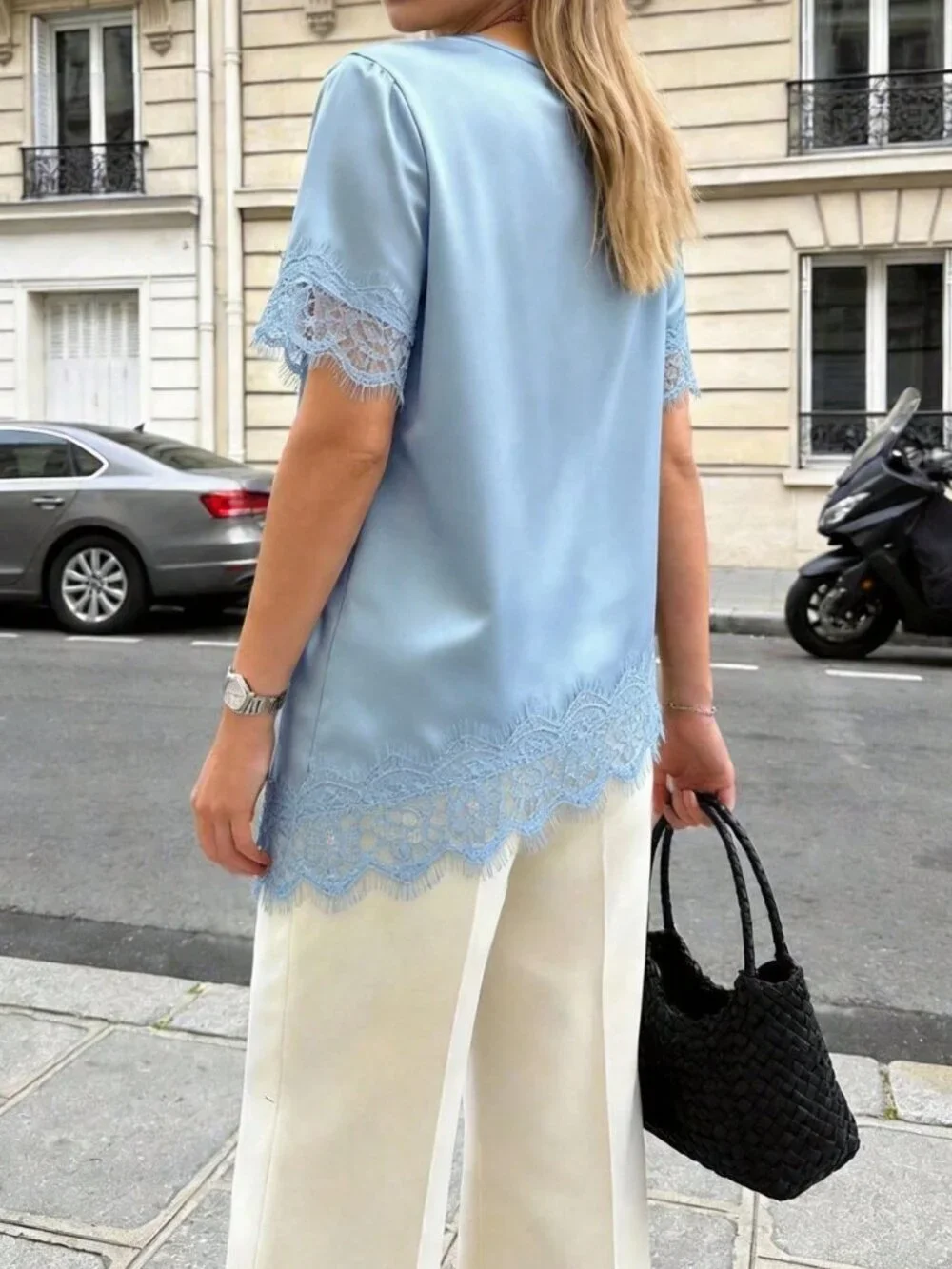 Blue Elegant Women's Lace Patchwork Round Neck Short Sleeve Asymmetrical Hem Top